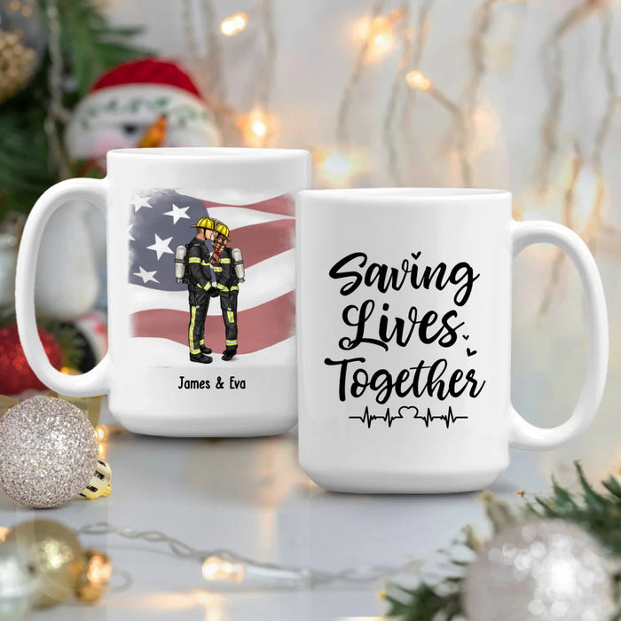 Personalized Saving Lives Together Mug, Custom Kissing Couple Mug, Gift for First Responders Police Firefighter Nurse Doctor Ems Military Couples