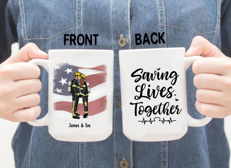 Personalized Saving Lives Together Mug, Custom Kissing Couple Mug, Gift for First Responders Police Firefighter Nurse Doctor Ems Military Couples