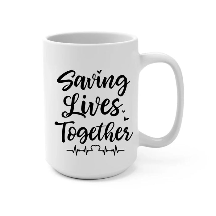 Personalized Saving Lives Together Mug, Custom Kissing Couple Mug, Gift for First Responders Police Firefighter Nurse Doctor Ems Military Couples