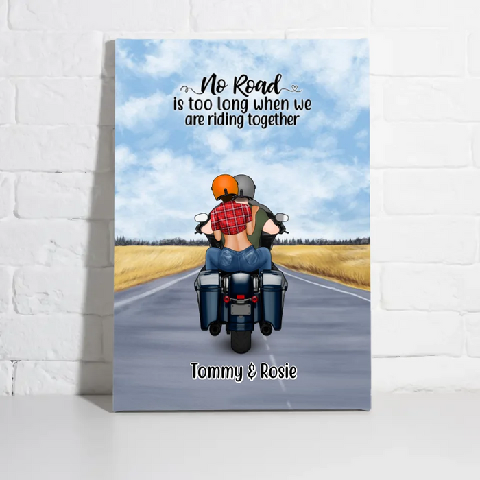 Personalized Canvas, Motorcycle Couple, No Road Is Too Long, Gift For Couple, Biker Couple, Motorcycle Lovers