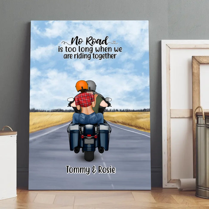 Personalized Canvas, Motorcycle Couple, No Road Is Too Long, Gift For Couple, Biker Couple, Motorcycle Lovers