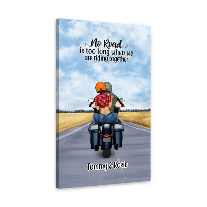 Personalized Canvas, Motorcycle Couple, No Road Is Too Long, Gift For Couple, Biker Couple, Motorcycle Lovers
