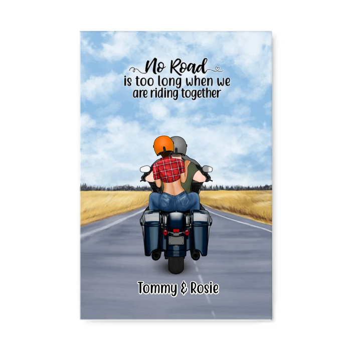 Personalized Canvas, Motorcycle Couple, No Road Is Too Long, Gift For Couple, Biker Couple, Motorcycle Lovers
