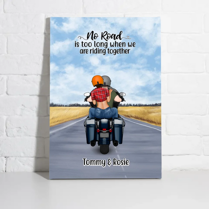 Personalized Canvas, Motorcycle Couple, No Road Is Too Long, Gift For Couple, Biker Couple, Motorcycle Lovers