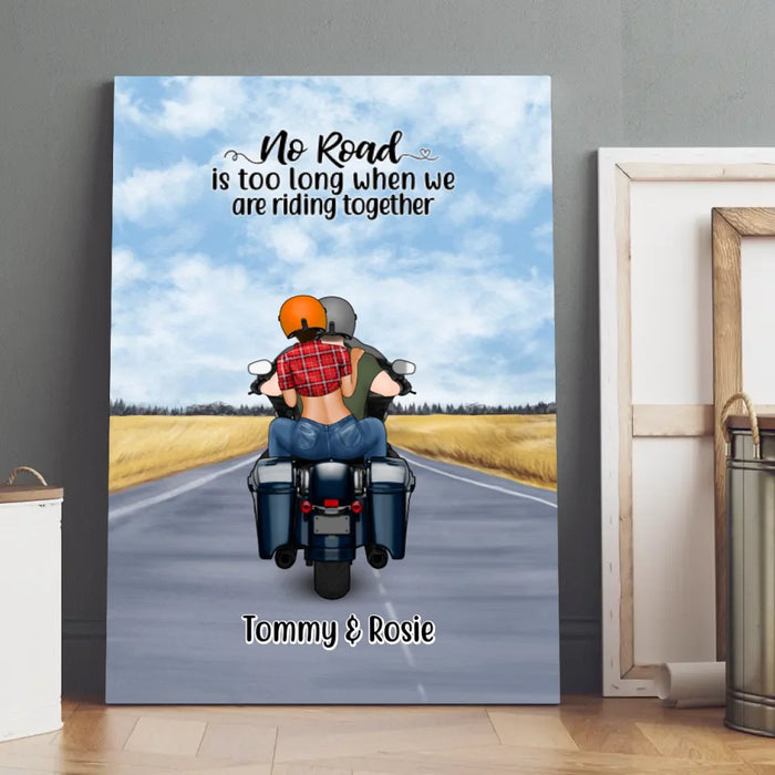 Personalized Canvas, Motorcycle Couple, No Road Is Too Long, Gift For Couple, Biker Couple, Motorcycle Lovers