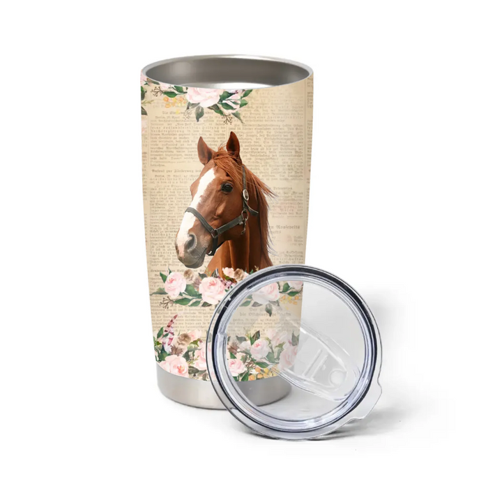 Personalized Horse Photo Tumbler, Custom Horse Floral Tumbler, Gift For Horse Lovers