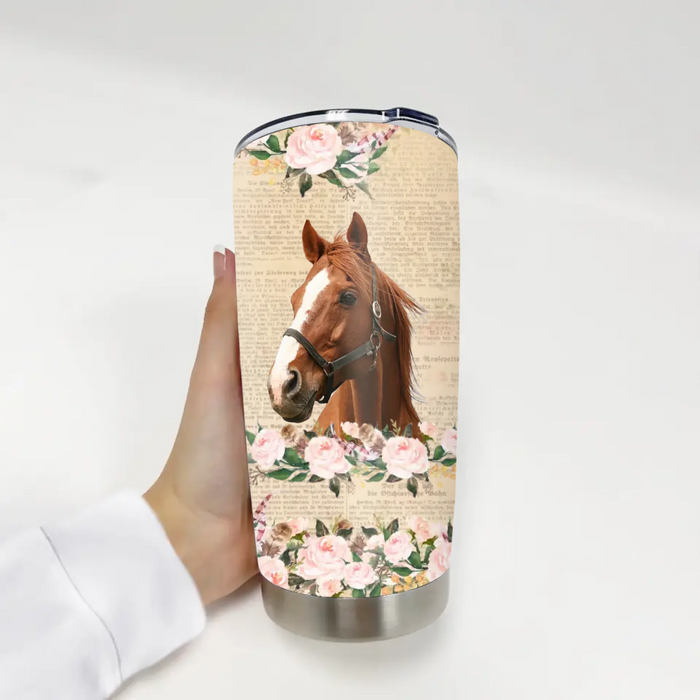 Personalized Horse Photo Tumbler, Custom Horse Floral Tumbler, Gift For Horse Lovers