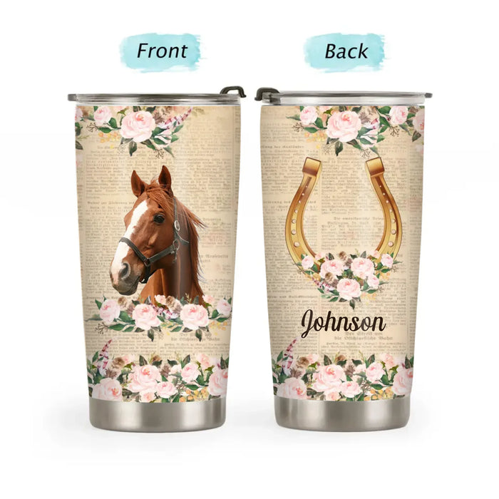 Personalized Horse Photo Tumbler, Custom Horse Floral Tumbler, Gift For Horse Lovers