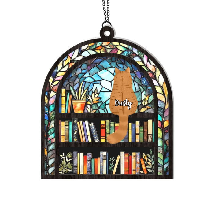 Personalized Cat Sitting on The Bookshelf Suncatcher Ornament, Custom Window Hanging Suncatcher For Cat and Book Lovers