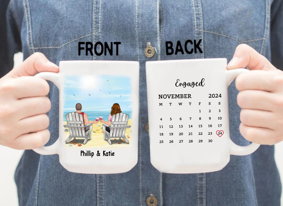 Personalized Couple Sitting On Beach Mug, Custom Calendar Anniversary Couple Mug, Gift For Him, For Her