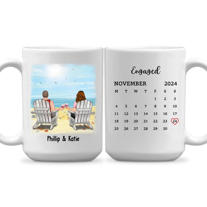 Personalized Couple Sitting On Beach Mug, Custom Calendar Anniversary Couple Mug, Gift For Him, For Her