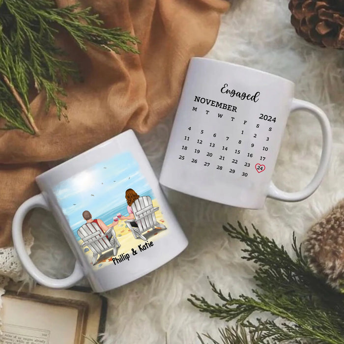 Personalized Couple Sitting On Beach Mug, Custom Calendar Anniversary Couple Mug, Gift For Him, For Her