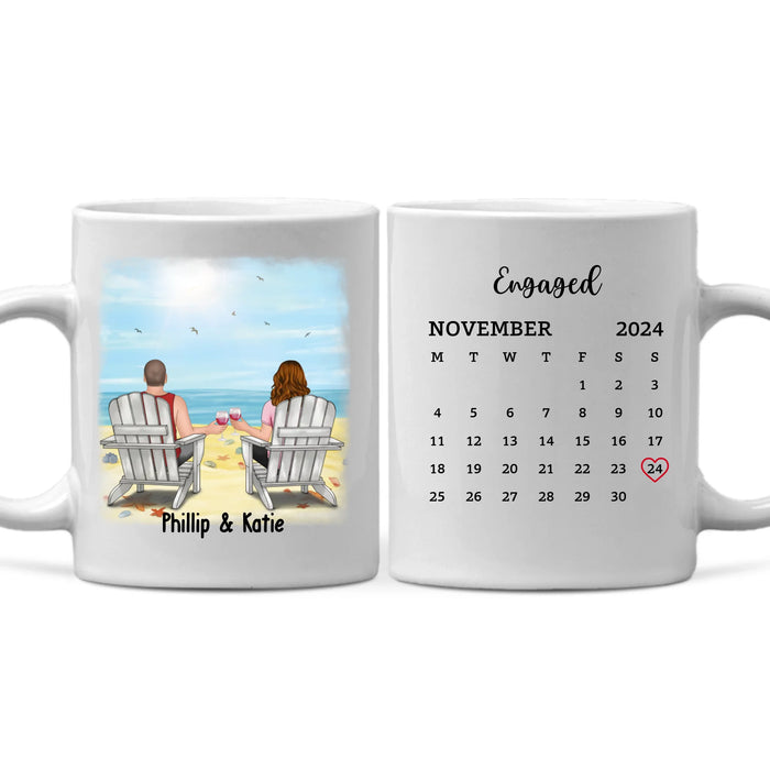 Personalized Couple Sitting On Beach Mug, Custom Calendar Anniversary Couple Mug, Gift For Him, For Her