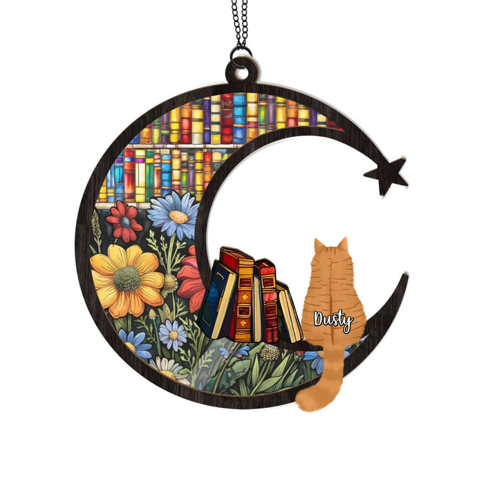 Personalized Cat Sitting on The Moon Bookshelf Suncatcher Ornament, Custom Window Hanging Suncatcher For Cat and Book Lovers