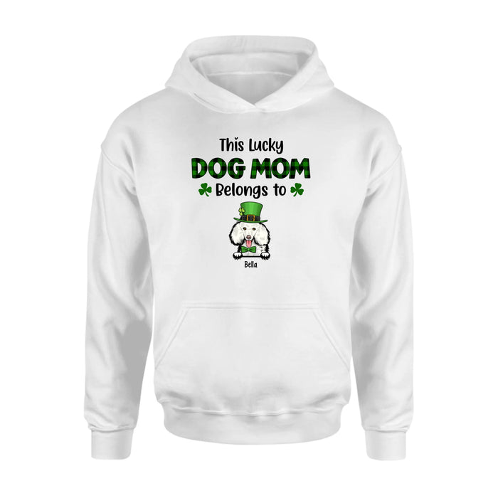 Personalized This Lucky Dog Mom Belongs to Dogs Shirt, Custom St Patricks Day Dog Mom Shirt for Dog Lovers
