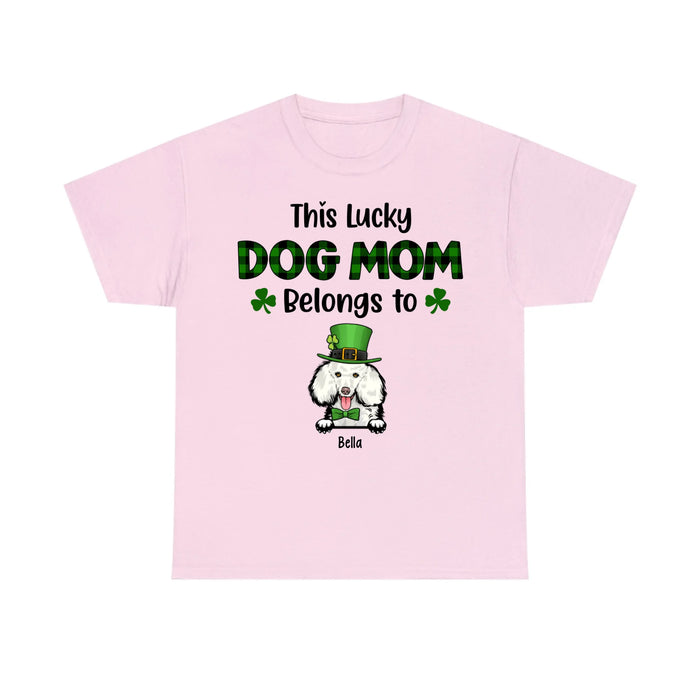 Personalized This Lucky Dog Mom Belongs to Dogs Shirt, Custom St Patricks Day Dog Mom Shirt for Dog Lovers