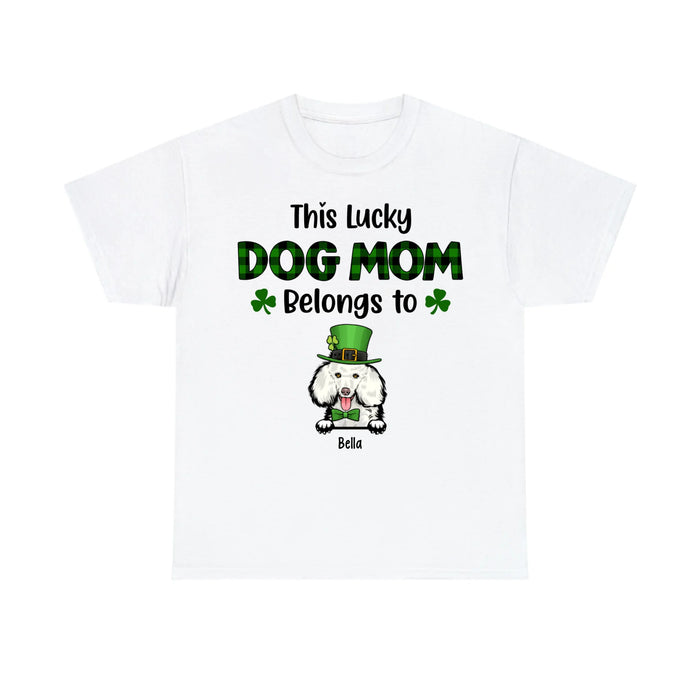 Personalized This Lucky Dog Mom Belongs to Dogs Shirt, Custom St Patricks Day Dog Mom Shirt for Dog Lovers