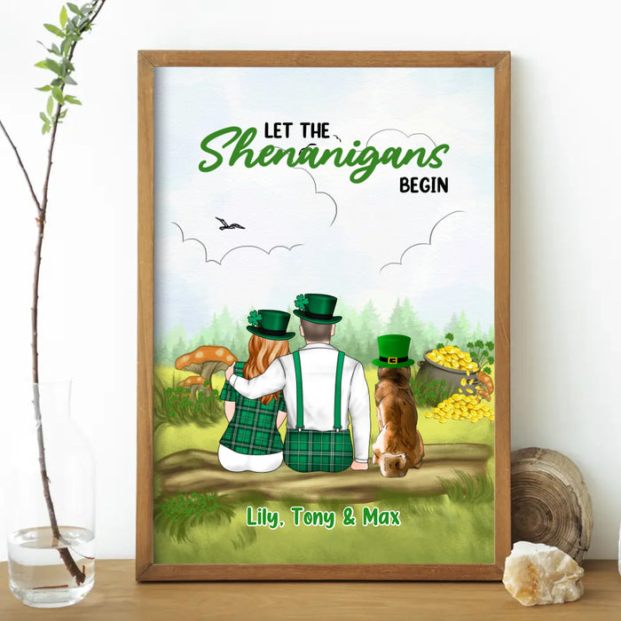 Let The Shenanigans Begin Poster, 
Personalized Couple Sitting with Dogs Poster, Custom Irish Patrick's Day Wall Art