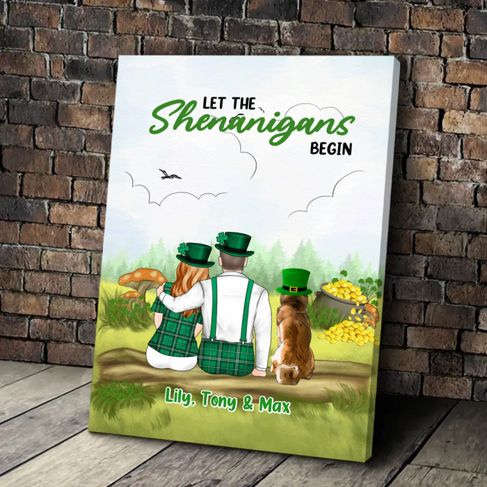 Let The Shenanigans Begin Poster, 
Personalized Couple Sitting with Dogs Poster, Custom Irish Patrick's Day Wall Art