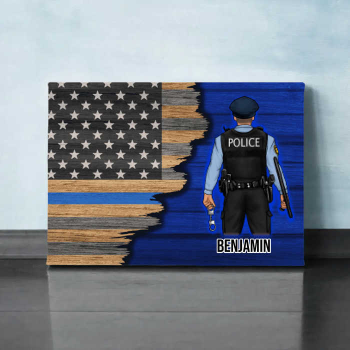 Personalized Canvas, Thin Line Blue American Flag, Gift For Police Officers