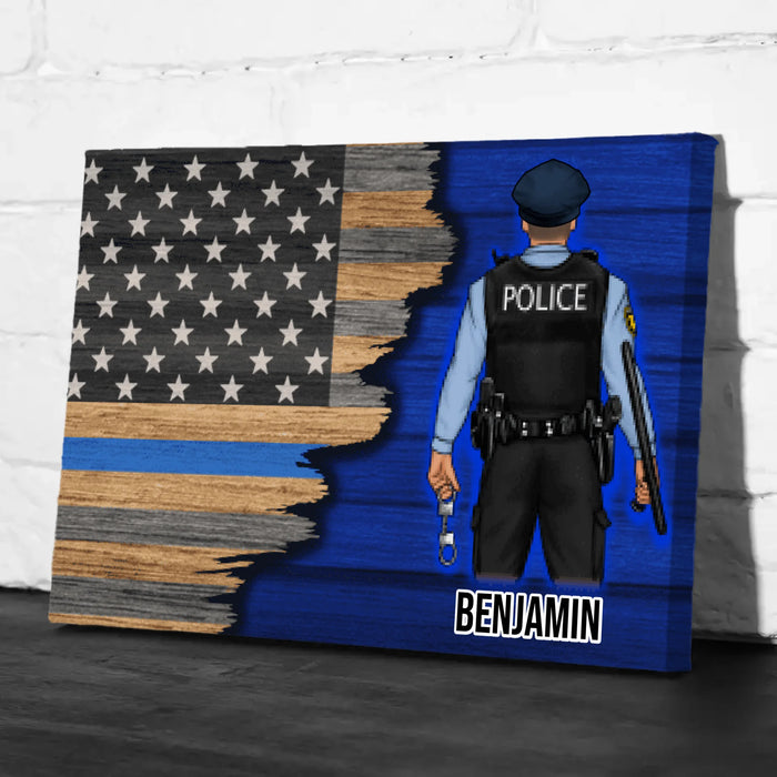 Personalized Canvas, Thin Line Blue American Flag, Gift For Police Officers