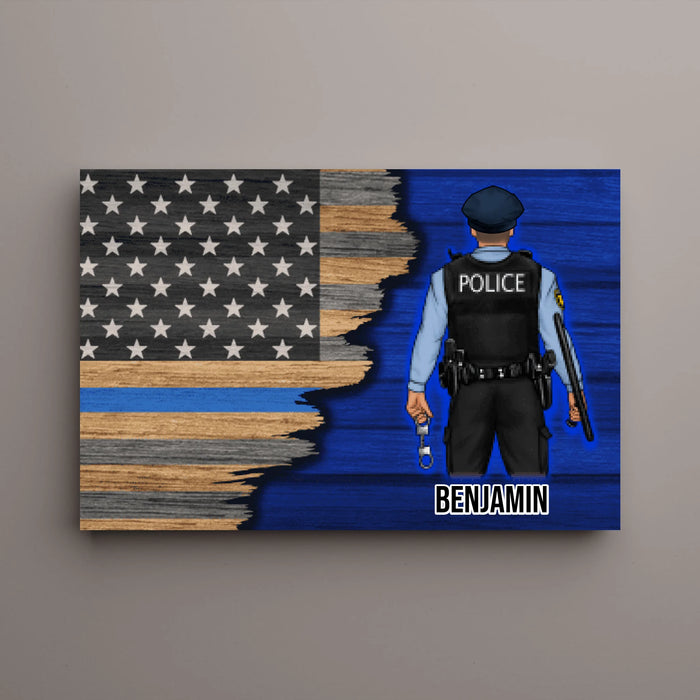 Personalized Canvas, Thin Line Blue American Flag, Gift For Police Officers