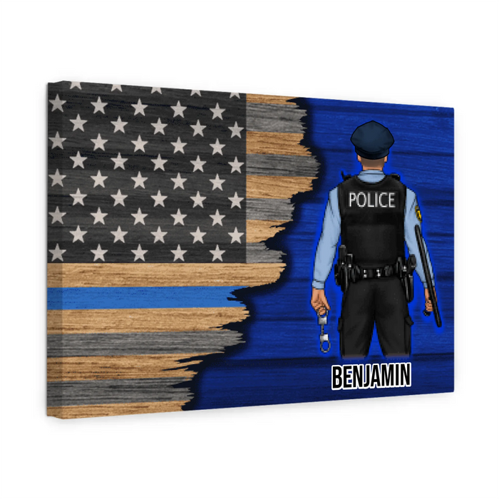 Personalized Canvas, Thin Line Blue American Flag, Gift For Police Officers