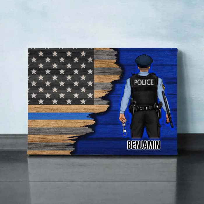 Personalized Canvas, Thin Line Blue American Flag, Gift For Police Officers