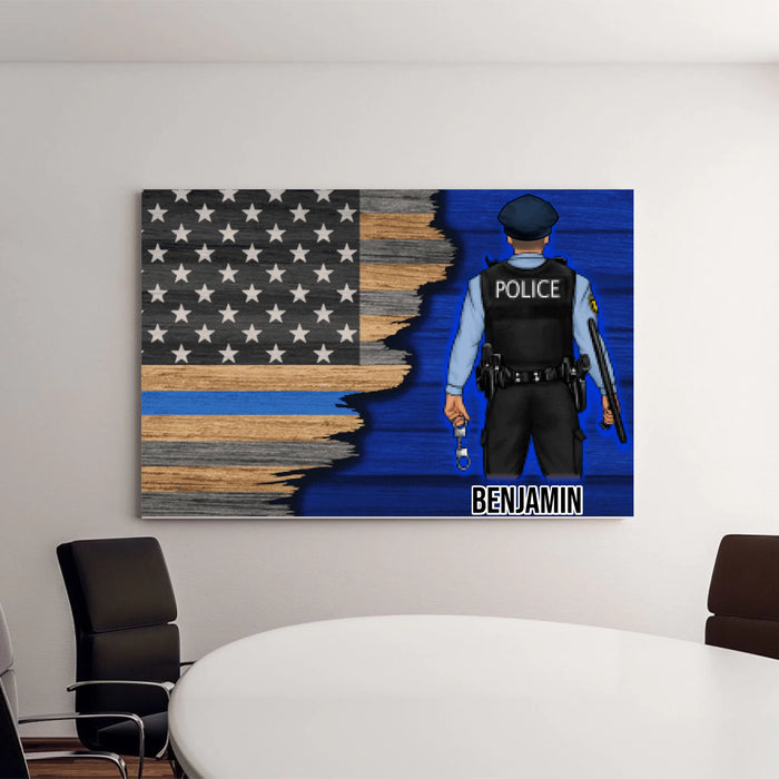 Personalized Canvas, Thin Line Blue American Flag, Gift For Police Officers