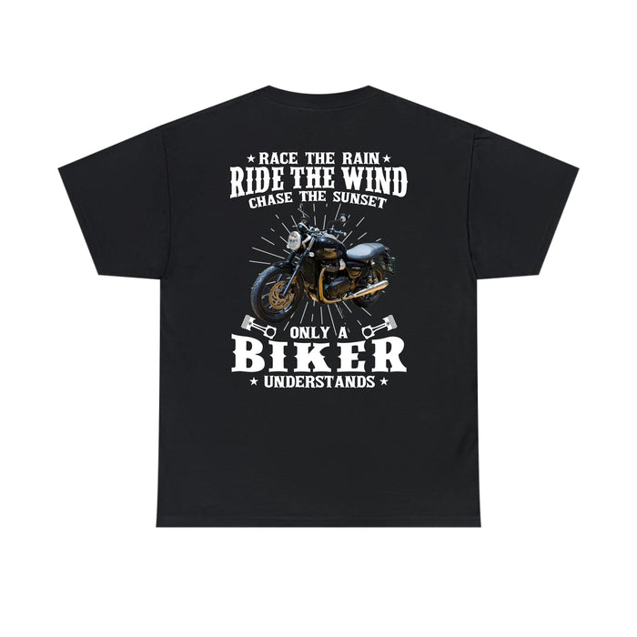 Personalized Race The Rain Ride The Wind Chase The Sunset Back Shirt, Custom Motorcycle Photo Shirt, Gift for For Biker, Motorcycle Lovers