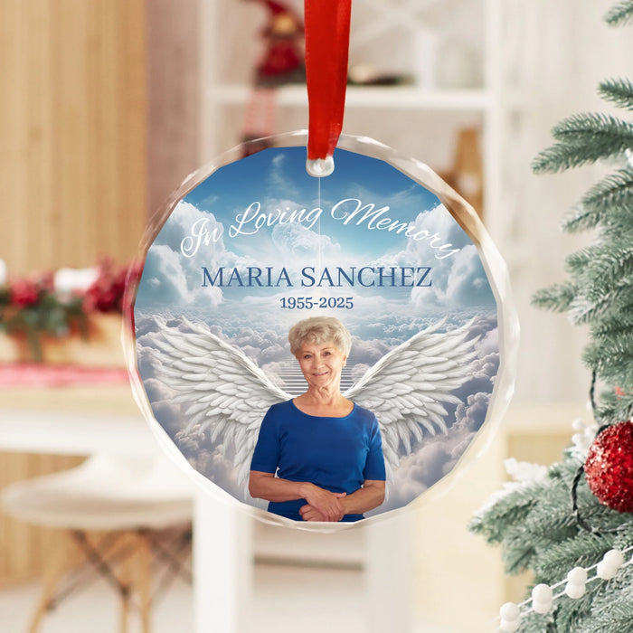 Personalized In Loving Memory Angel Wings Glass Ornament, Custom Memorial Photo Christmas Ornament, Remembrance Gifts for Loss of Loved Ones