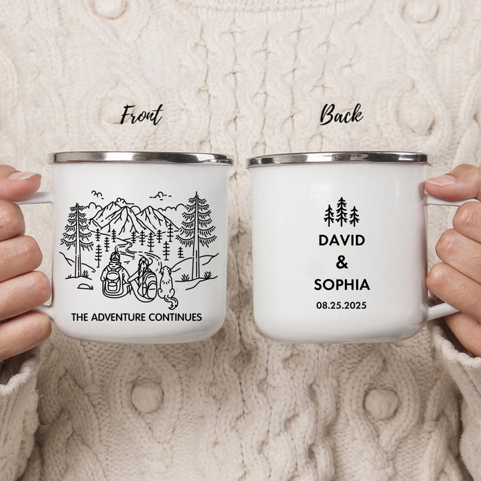 Personalized Mountain Hiking Couple Enamel Mug, Custom Couple with Dogs Hiking Mug, Unique Gifts for Hikers, Campers