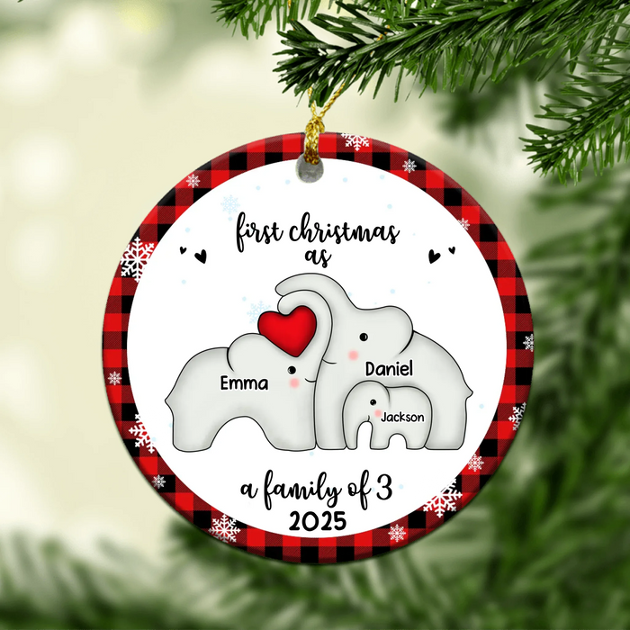 Personalized Elephant First Christmas as a Family Ornament, Custom Elephant Family Ceramic Ornament, First Christmas 2025 Ornament