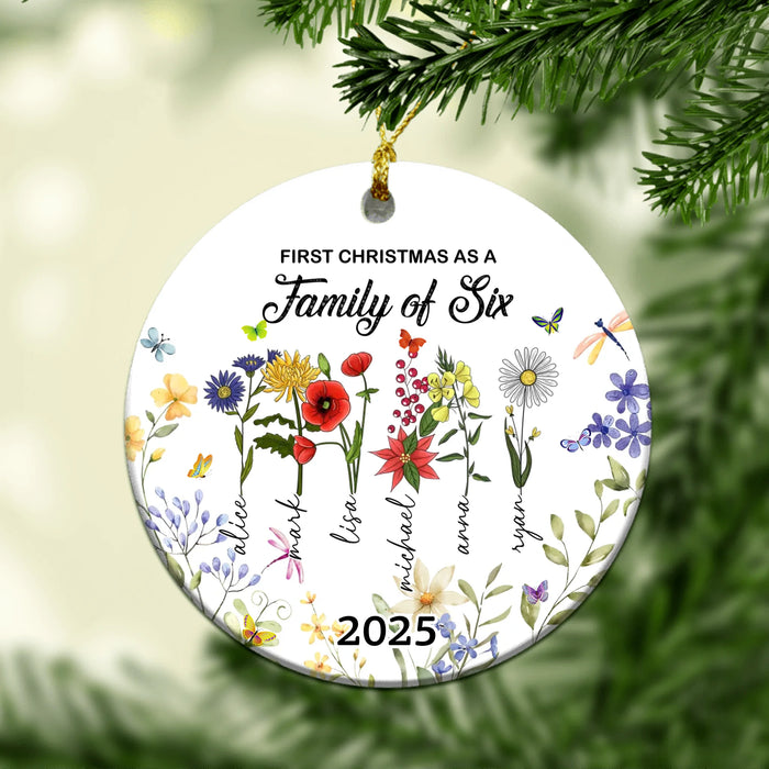 Personalized First Christmas as a Family of 3-8 Flowers Ornament, Custom Birth Month Flower Family Ceramic Ornament, First Christmas 2025 Ornament