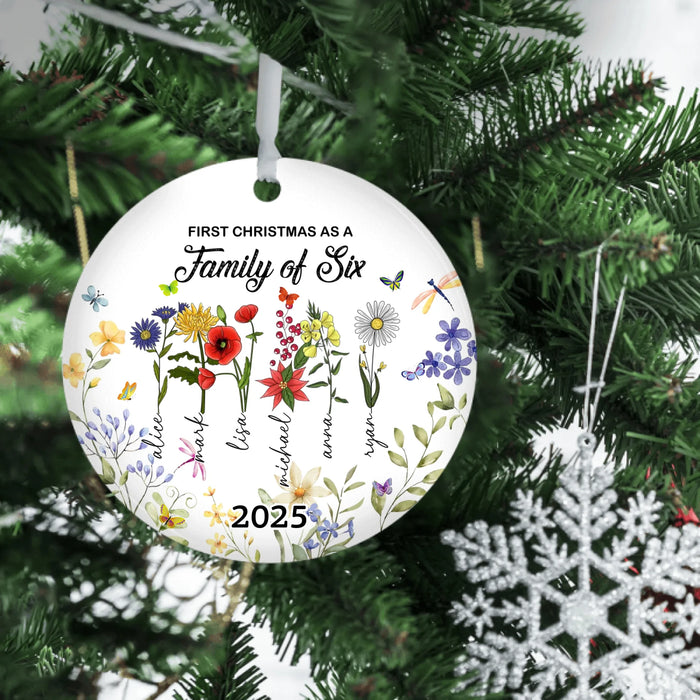 Personalized First Christmas as a Family of 3-8 Flowers Ornament, Custom Birth Month Flower Family Ceramic Ornament, First Christmas 2025 Ornament