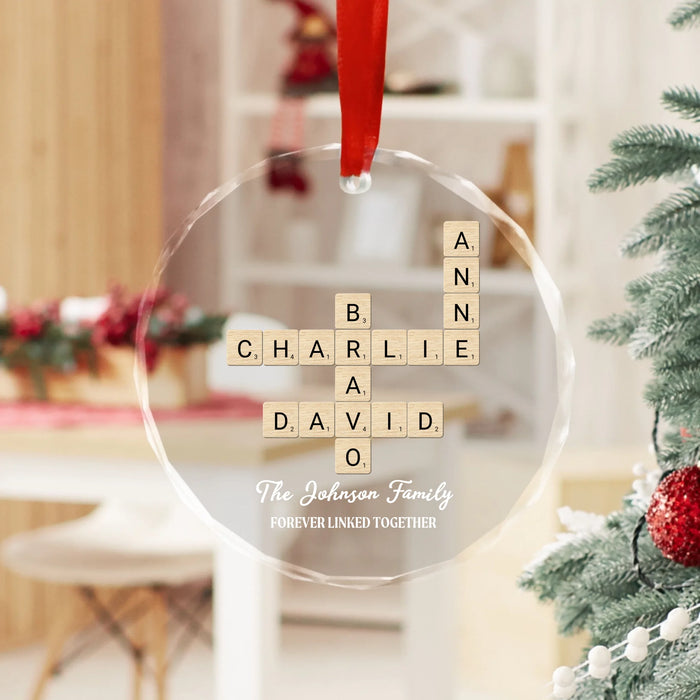 Personalized Family Forever Linked Together Crossword Glass Ornament, Custom Family Scrabble Ornament, Scrabble Puzzle Christmas Ornaments