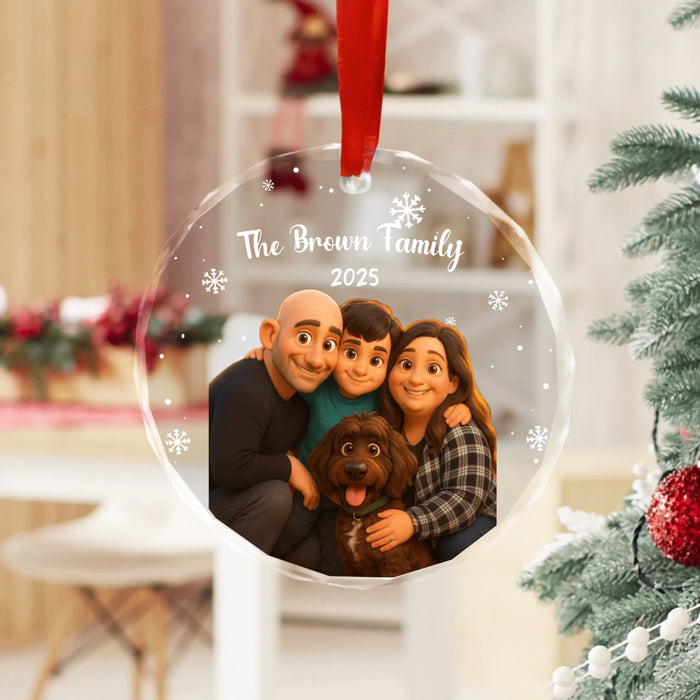 Personalized Family Portrait Glass Ornament, Custom Pixar Style Portrait from Photo, Couple, Family, Pet Gift