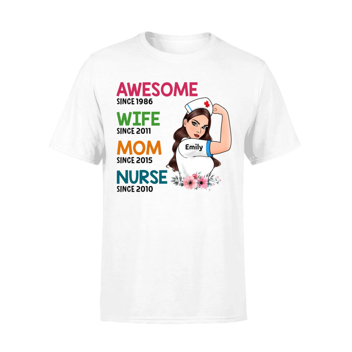 Personalized Shirt, Awesome Wife Mom Nurse Strong Woman, Custom Gift For Nurses