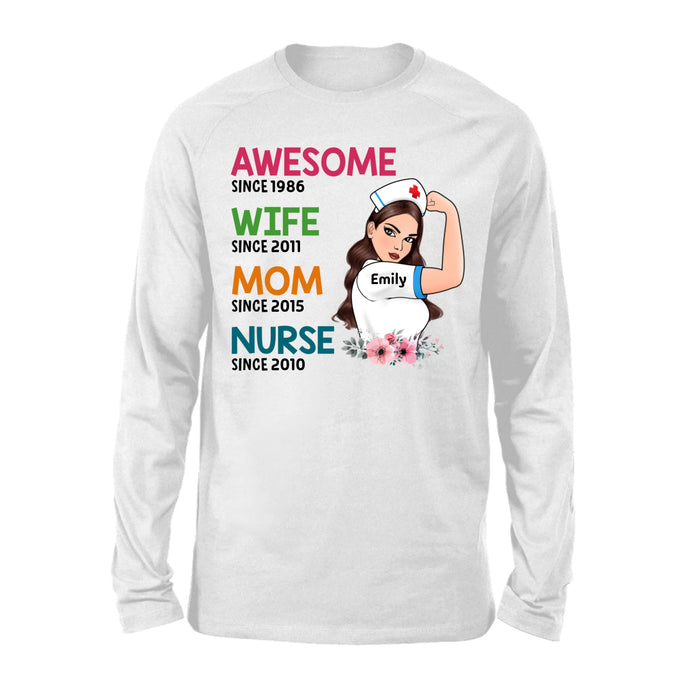 Personalized Shirt, Awesome Wife Mom Nurse Strong Woman, Custom Gift For Nurses