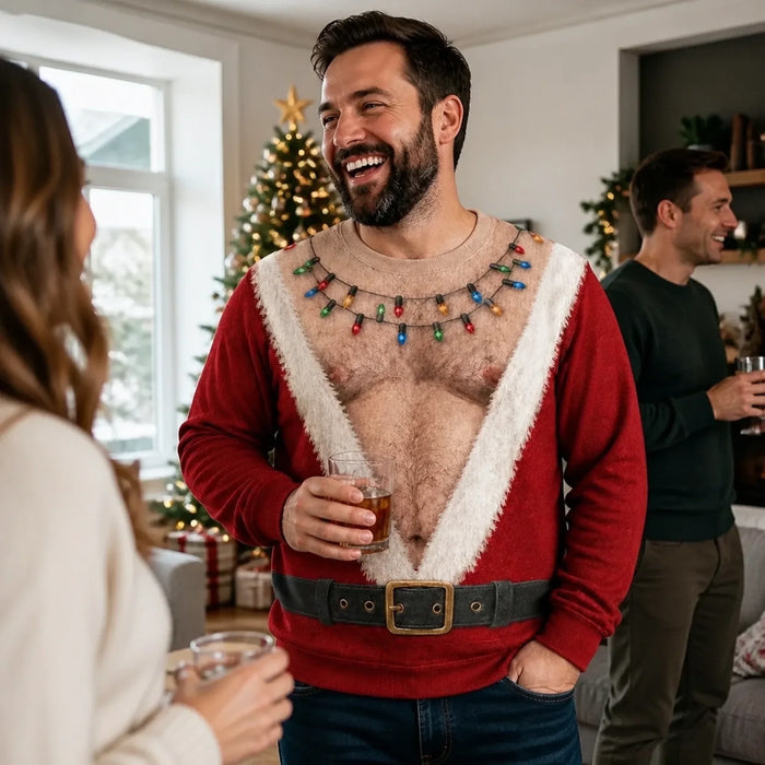 Funny Santa Abs Christmas Light Ugly AOP Sweater
