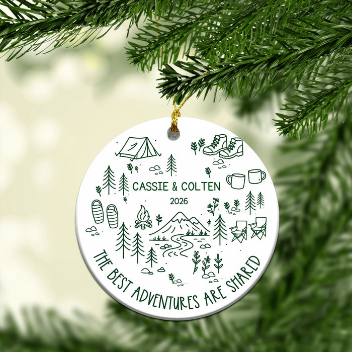 Personalized The Best Adventures Are Shared Ornament, Custom Hiking Camping Couple Christmas Ceramic Ornament