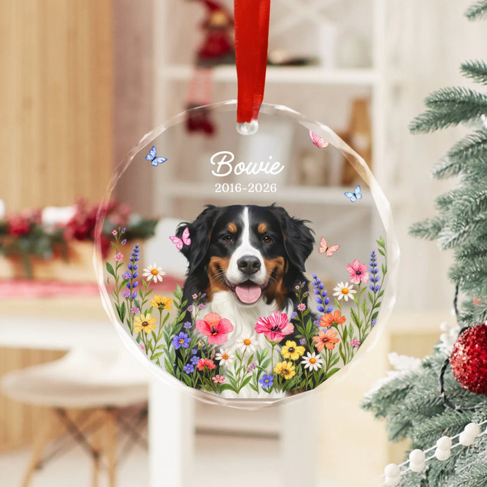 Personalized Dog Flower Portrait Glass Ornament, Custom Pet Portrait from Photo Christmas Ornament for Dog Cat Lovers