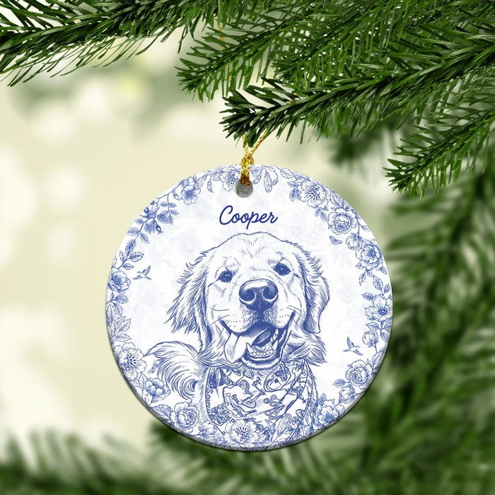 Personalized Pet Chinoiserie Ceramic Ornament, Custom Photo Blue & White Christmas Tree Decor, Gift for Pet Lovers