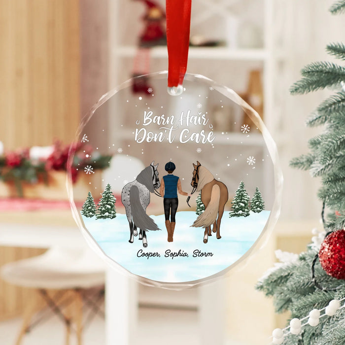 Personalized Barn Hair Don't Care Glass Ornament, Custom Horse Girl Christmas Tree Hanging Decor, Gift for Horse Lovers