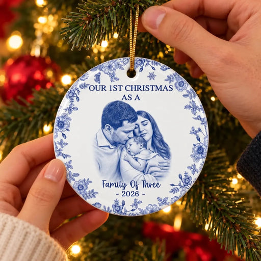 Blue family portrait Christmas ornament