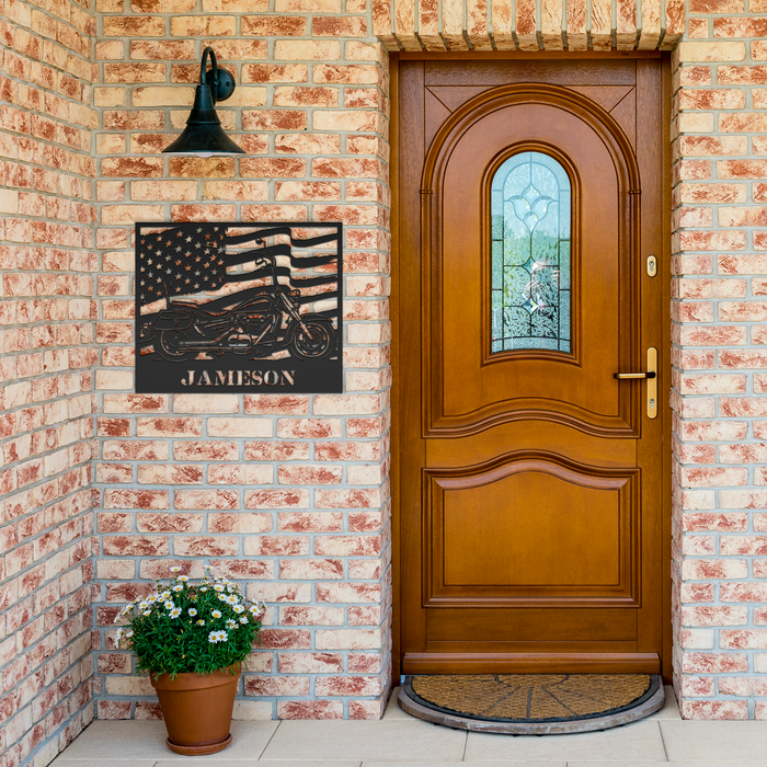 Custom_Motorcycle_American_Flag_Metal_Wa_Black_Brick_Entrance_Mockup.png