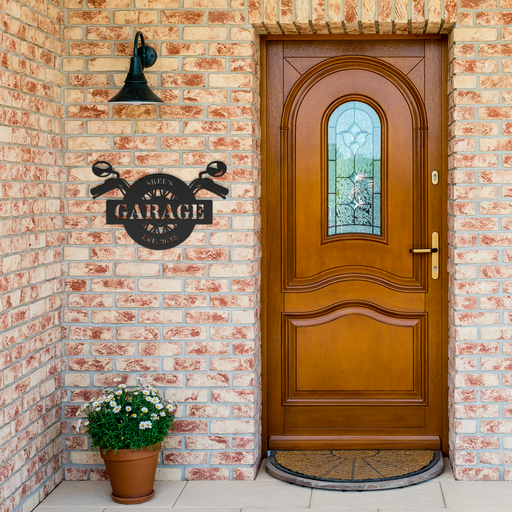 Custom_Motorcycle_Garage_Metal_Sign_-_Pe_Black_Brick_Entrance_Mockup.png