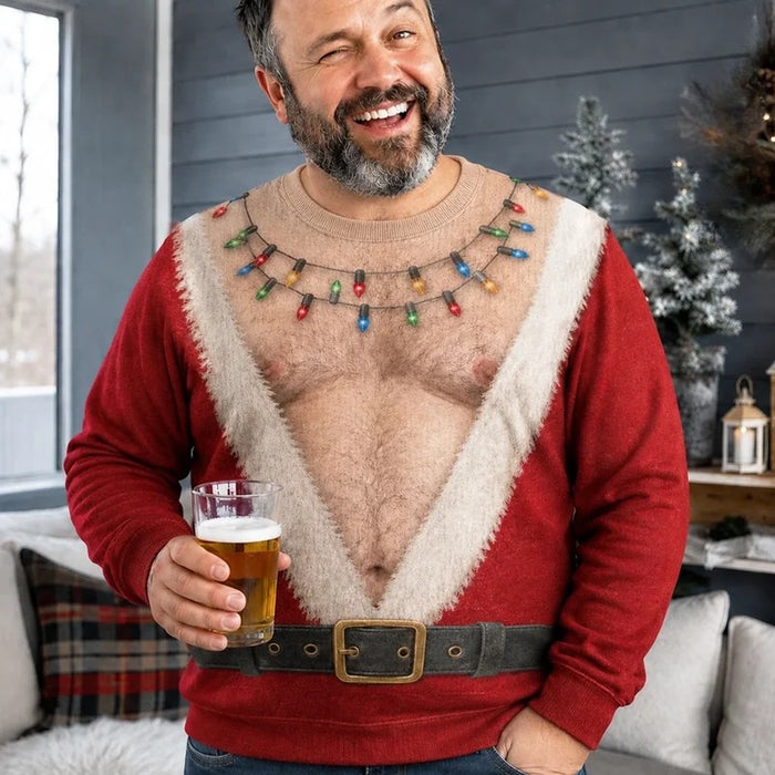 Funny Santa Abs Christmas Light Ugly AOP Sweater