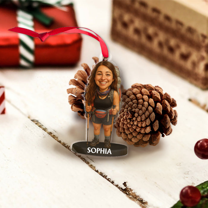 Custom Caricature-Style Portrait Ornament from Your Photo – Personalized Acrylic Christmas Ornament, Unique Gift for Hiking Lovers and Hikers