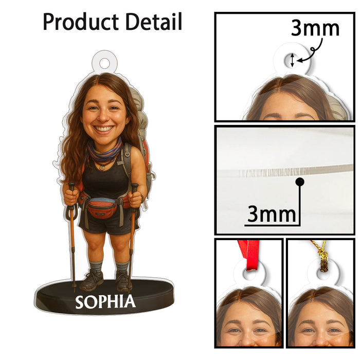 Custom Caricature-Style Portrait Ornament from Your Photo – Personalized Acrylic Christmas Ornament, Unique Gift for Hiking Lovers and Hikers